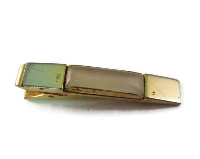 Vintage Men's Tie Bar Clip Jewelry: Gold Tone Milky White Accent Design (Some Obvious Wear)