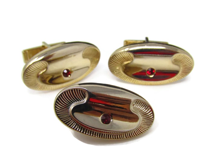 Vintage Mens Jewelry Set Tie Clip Cufflinks: Red Jewel Art Deco Gold Tone