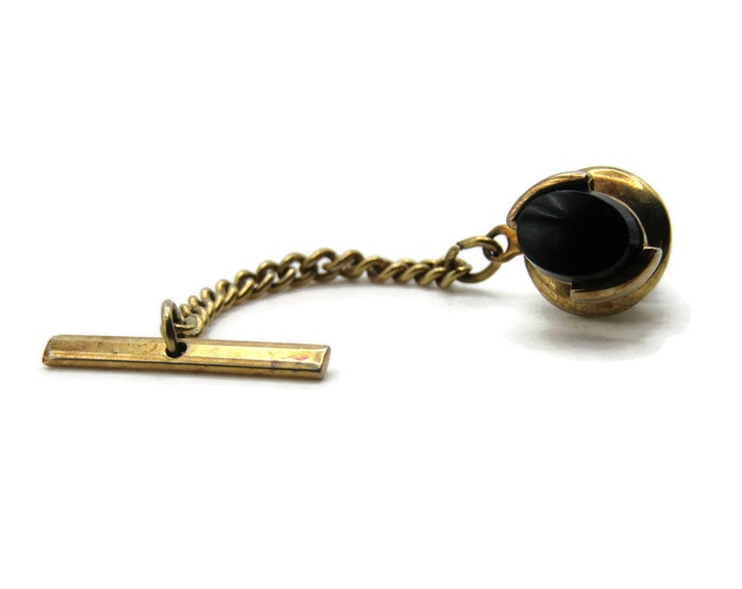 Oval Black Stone Inlay Tie Pin And Chain Men's Jewelry Gold Tone