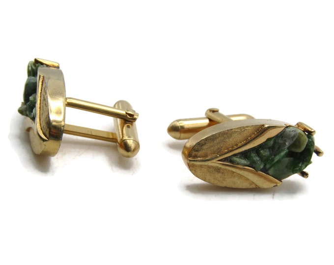 Green Stones Inlay Oval Cuff Links Men's Jewelry Gold Tone