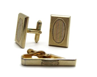Vintage Men's Jewelry Set: Tie Bar Cufflinks Textured Oval Design Gold Tone