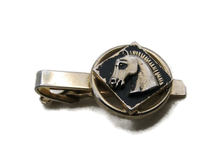 Horse Head And Black Background Tie Clip Tie Bar Men's Jewelry Gold Tone