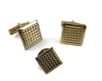 Waffle Texture Mens Jewelry Set Tie Tack Pin & Cufflinks Gold Tone