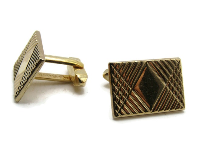 Geometric Diamond Pattern Rectangle Cuff Links Men's Jewelry Gold Tone