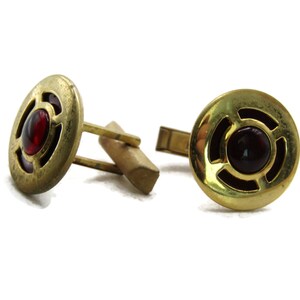 Dark Red Circle Stone Inlay Cuff Links Gold Tone Industrial Men&#39;s Jewelry