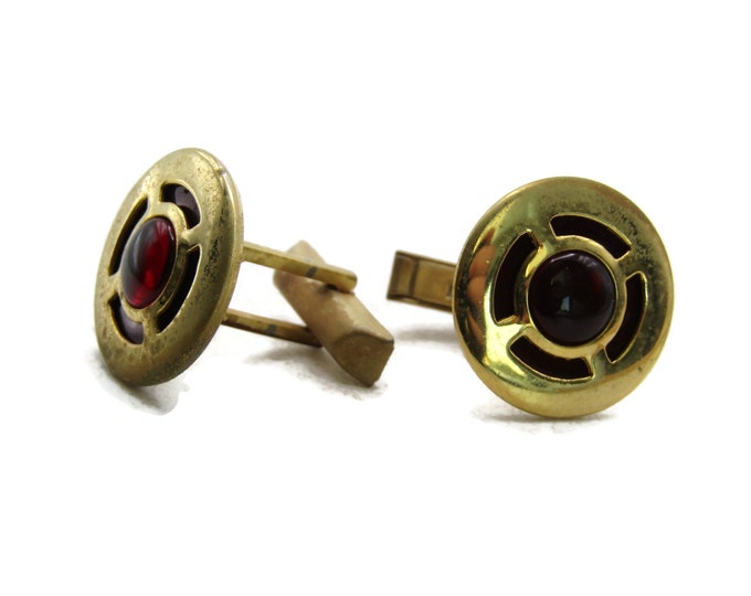 Dark Red Circle Stone Inlay Cuff Links Gold Tone Industrial Men's Jewelry