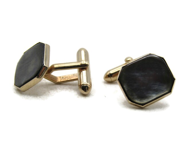 Blue Stone Inlay Cuff Links Beveled Edge Gold Tone Men's Jewelry