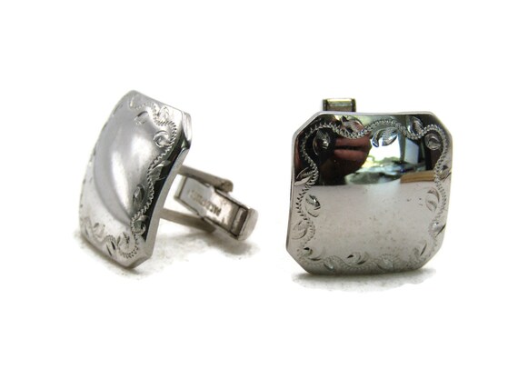 Rectangle Cuff Links Etched Edging Silver Tone Me… - image 1