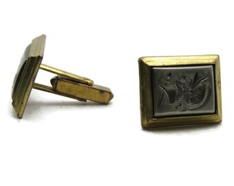 Floral Motif Silver Tone Inlay Cuff Links Gold Tone Men's Jewelry