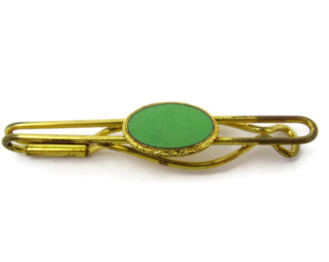 Vintage Tie Clip Tie Bar: Green Center Art Deco Open Design