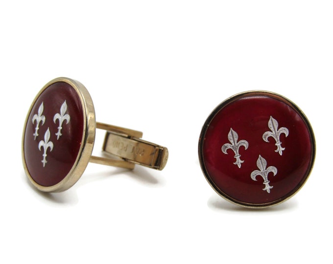 Red Stone Fluer Di Lis Etched Design Gold Tone Cufflinks