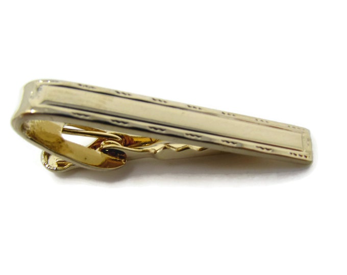 Vintage Tie Clip Tie Bar: Etched Border Smooth Classic Gold Tone