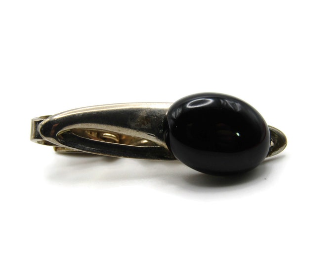 Oval Black Stone Inlay Curved Design Tie Bar Tie Clip Men's Jewelry