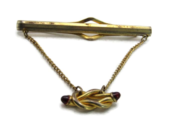 Red Stone Inlay Knot Tie Bar & Chain Modernist Industrial Tie Clip Gold Tone Men's Jewelry