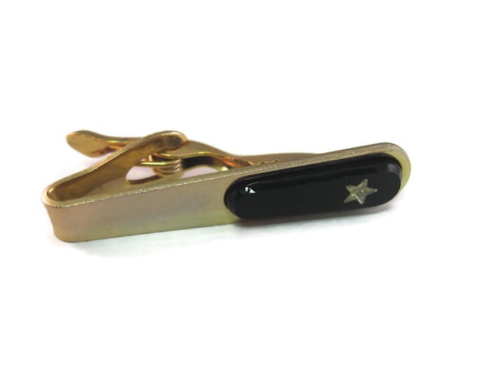 Vintage Men's Tie Bar Clip Jewelry: Black & Gold Tone w/ Clear Jewel Star Design