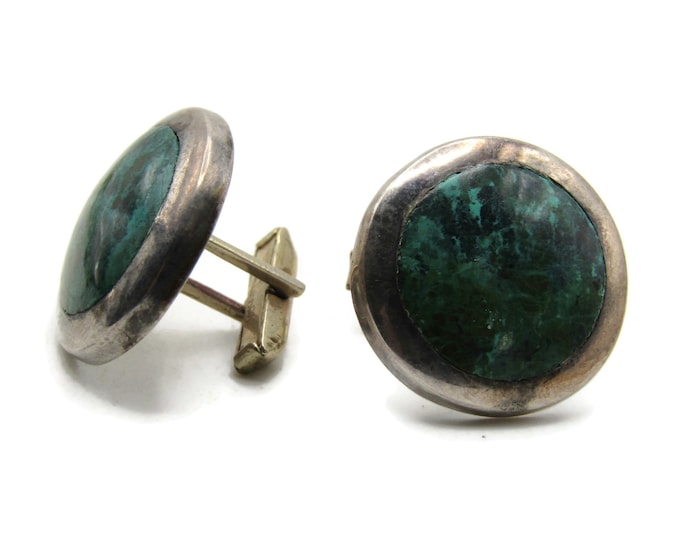 Green Stone Inlay Round Cuff Links Men's Jewelry Silver Tone