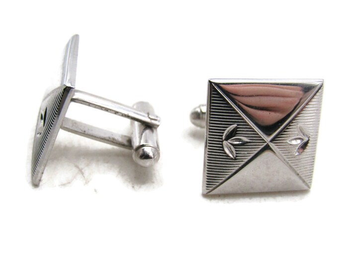 Square Etched Leaves & Triangle Design Cuff Links Men's Jewelry Silver Tone