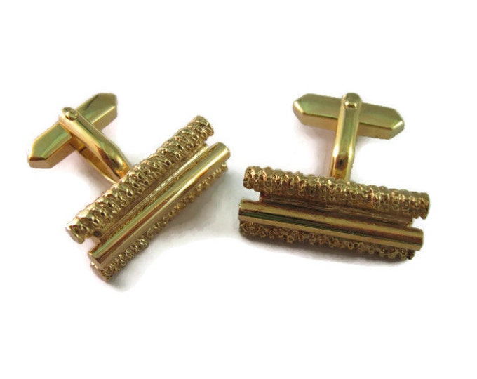 Vintage Cufflinks for Men:  Heavy Textured Top & Bottom Bar Center Gold Tone Design