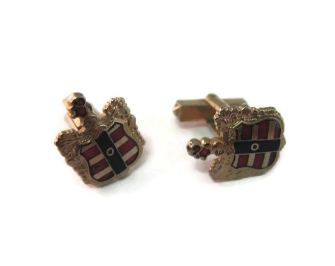 Vintage Cufflinks for Men: Red & White Stripes Shield Crest Design