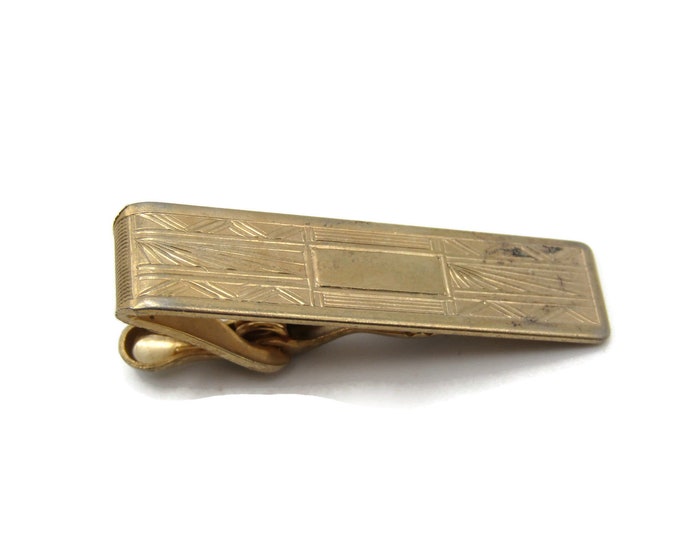 Art Deco Inspired Square and Line Etched Design Gold Tone Tie Bar Tie Clip Men's Jewelry