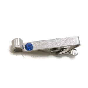 Blue Stone Inlay Curved Edge Brushed Finish Tie Clip Tie Bar Men's Jewelry Silver Tone