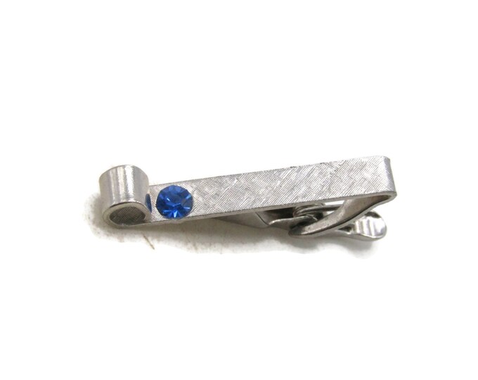 Blue Stone Inlay Curved Edge Brushed Finish Tie Clip Tie Bar Men's Jewelry Silver Tone
