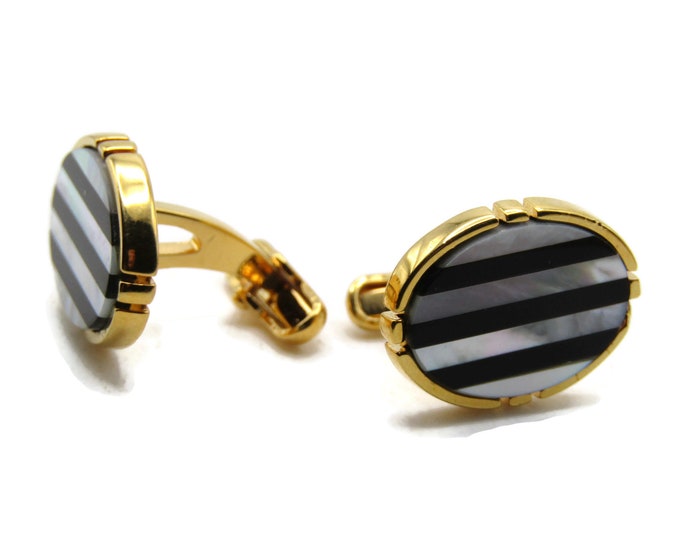 Mother Of Pearl And Black Stone Striped Oval Cuff Links Men's Jewelry Gold Tone