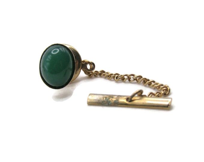 Oval Green Stone Inlay Tie Pin And Chain Men's Jewelry Gold Tone