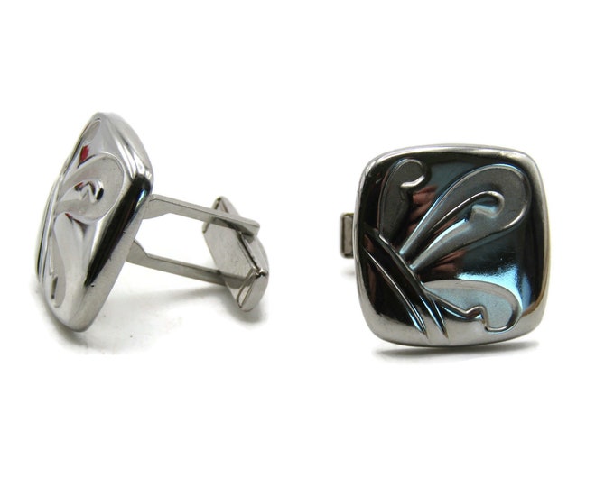 Decorative Motif Square Cuff Links Men's Jewelry Silver Tone