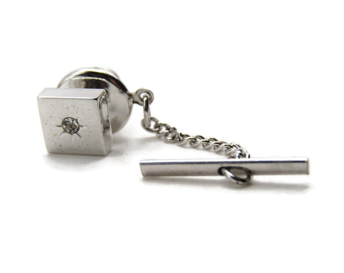 Square Smooth Finish Tie Pin Rhinestone Inlay Men's Jewelry Silver Tone