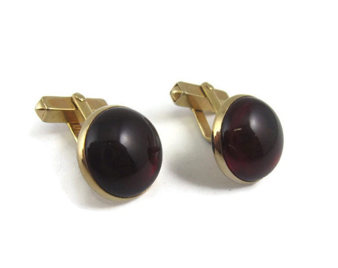 Vintage Cufflinks for Men: Stunning Translucent Dark Red Dome Gold Tone Border