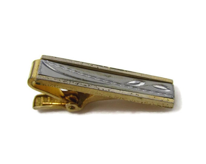 Vintage Tie Bar Tie Clip: Vintage Leaf Etch Silver & God Tone