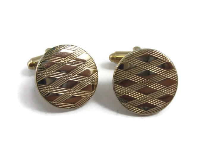 Vintage Cufflinks for Men: Crossed Lines Weave Like Design Gold Tone Round