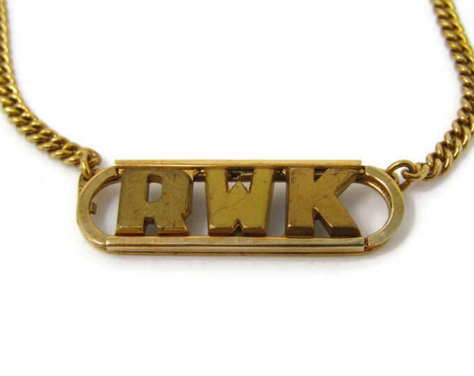 RWK Initials Tie Clip Men's Vintage Tie Bar Gold Tone Chain Art Deco Design