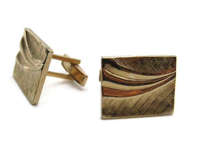 Textured Brushed Finish Rectangle Cuff  Links Wave Design Men's Jewelry Gold Tone