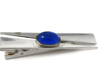 Vintage Silver Tone Tie Clip: Blue Center