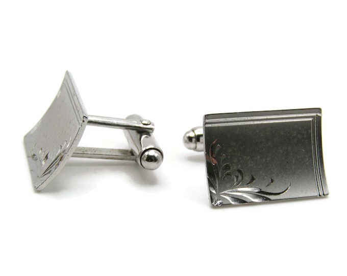 Curved Rectangle Etched Motif Cuff Links Men's Jewelry Silver Tone