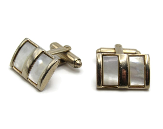 Mother of Pearl Stone Inlay Rectangular Pattern Silver Tone Cufflinks