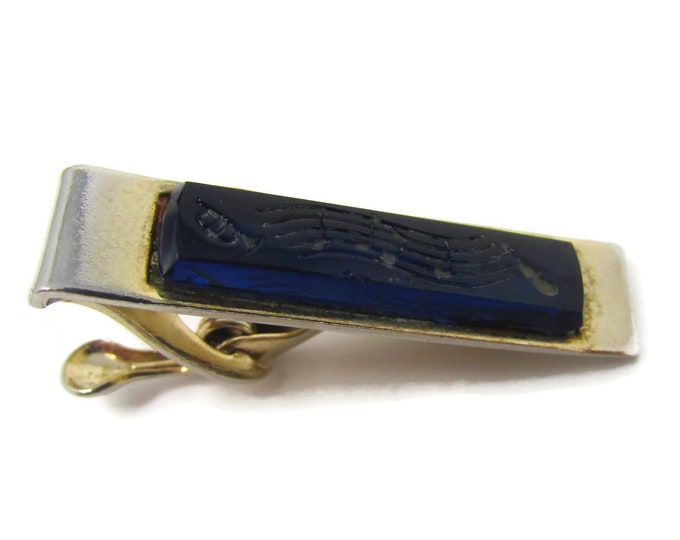 Vintage Tie Clip Tie Bar: Blue Glass Musical Notes Musician Gift Music Theme