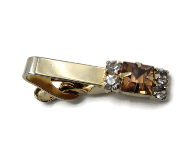 Brown and Clear Rhinestone Inset Classic Design Gold Tone Tie Bar Tie Clip Men's Jewelry