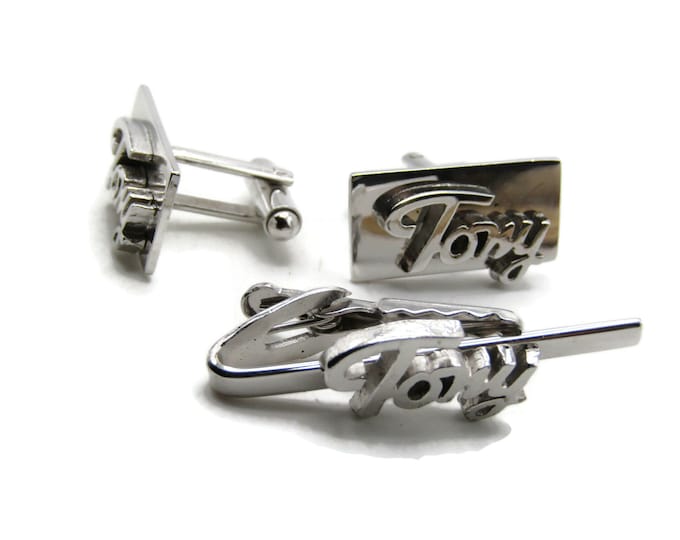 Tony Lettered Cuff Links And Tie Clip Set Men's Jewelry Silver Tone