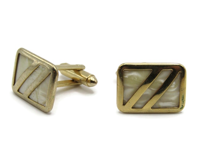 Mother of Pearl Inlay Diagonal Line Design Gold Tone Cufflinks