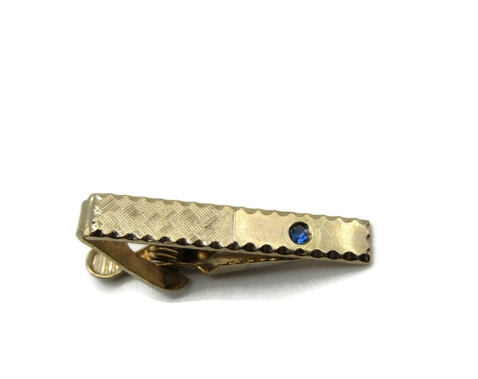 Blue Rhinestone Inlay Textured Gold Tone Tie Bar Tie Clip Men's Jewelry