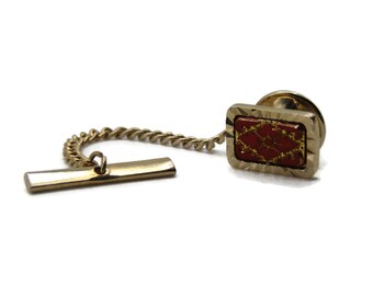 Red Etched Design Stone Inlay Tie Pin And Chain Men's Jewelry Gold Tone