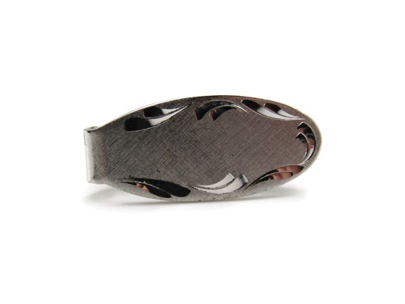 Vintage Silver Tone Tie Clip: Brushed Oval with Etched Edging