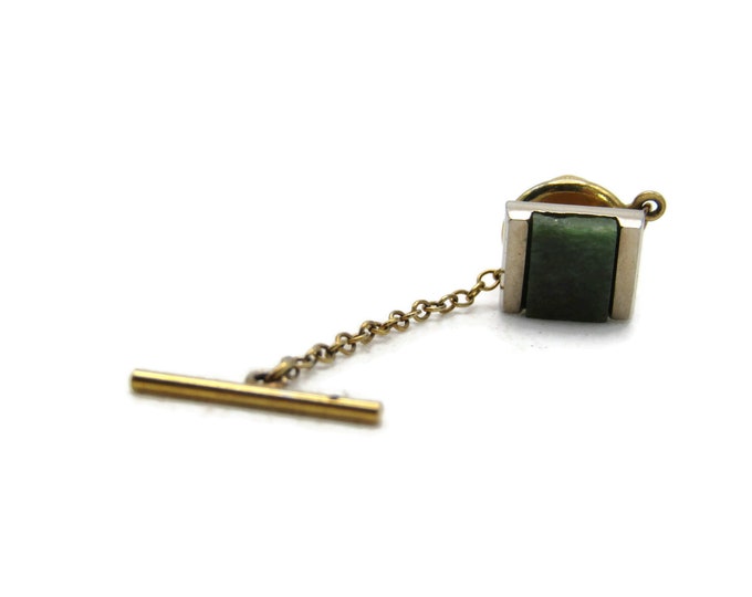 Green Stone Inlay Tie Lapel Pin & Chain Gold Tone Men's Jewelry