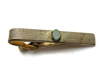 Green Stone Line Design Tie Clip Tie Bar Men's Jewelry Gold Tone