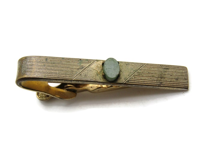 Green Stone Line Design Tie Clip Tie Bar Men's Jewelry Gold Tone