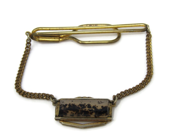 Black Speckled Art Glass Chain Tie Clip Bar Gold Tone Vintage Men's Jewelry Nice Design