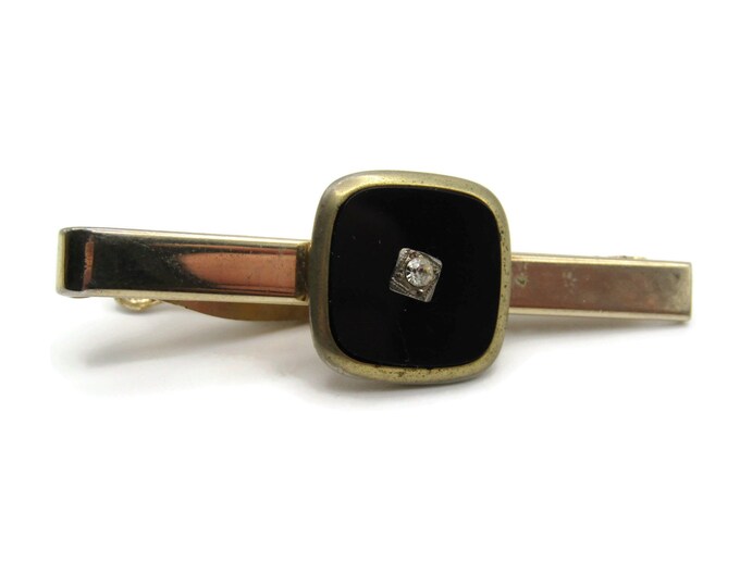 Black Stone and Rhinestone Inlay Gold Tone Tie Clip Tie Bar Men's Jewelry